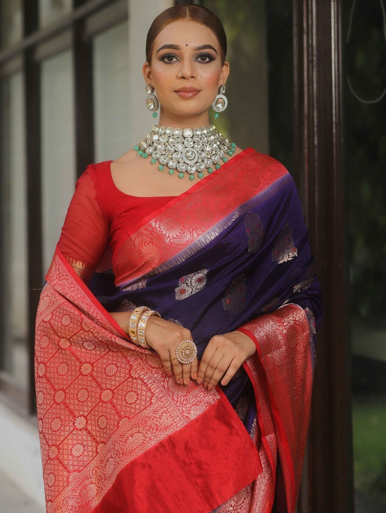 Embrocation Navy Blue Soft Silk Saree With Glowing Blouse Piece