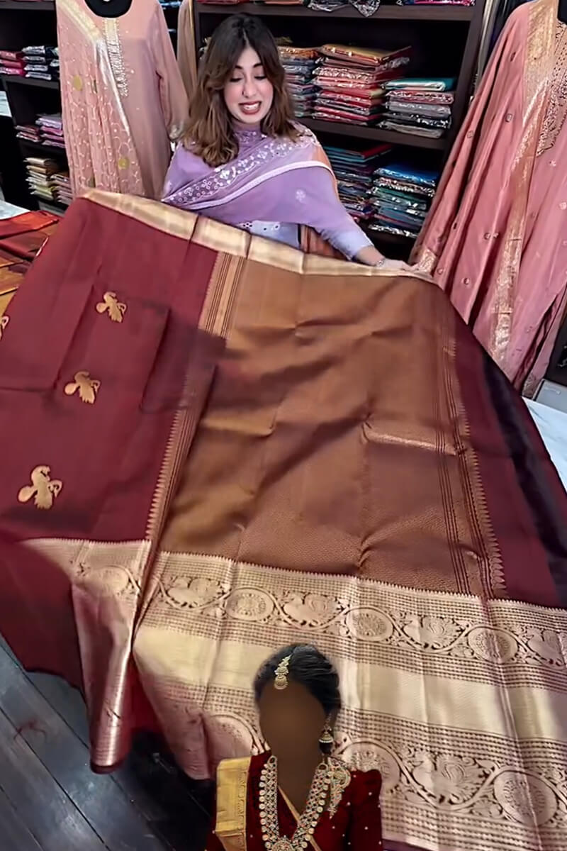 Enthralling Wine Soft Banarasi Silk Saree With Petrichor Blouse Piece