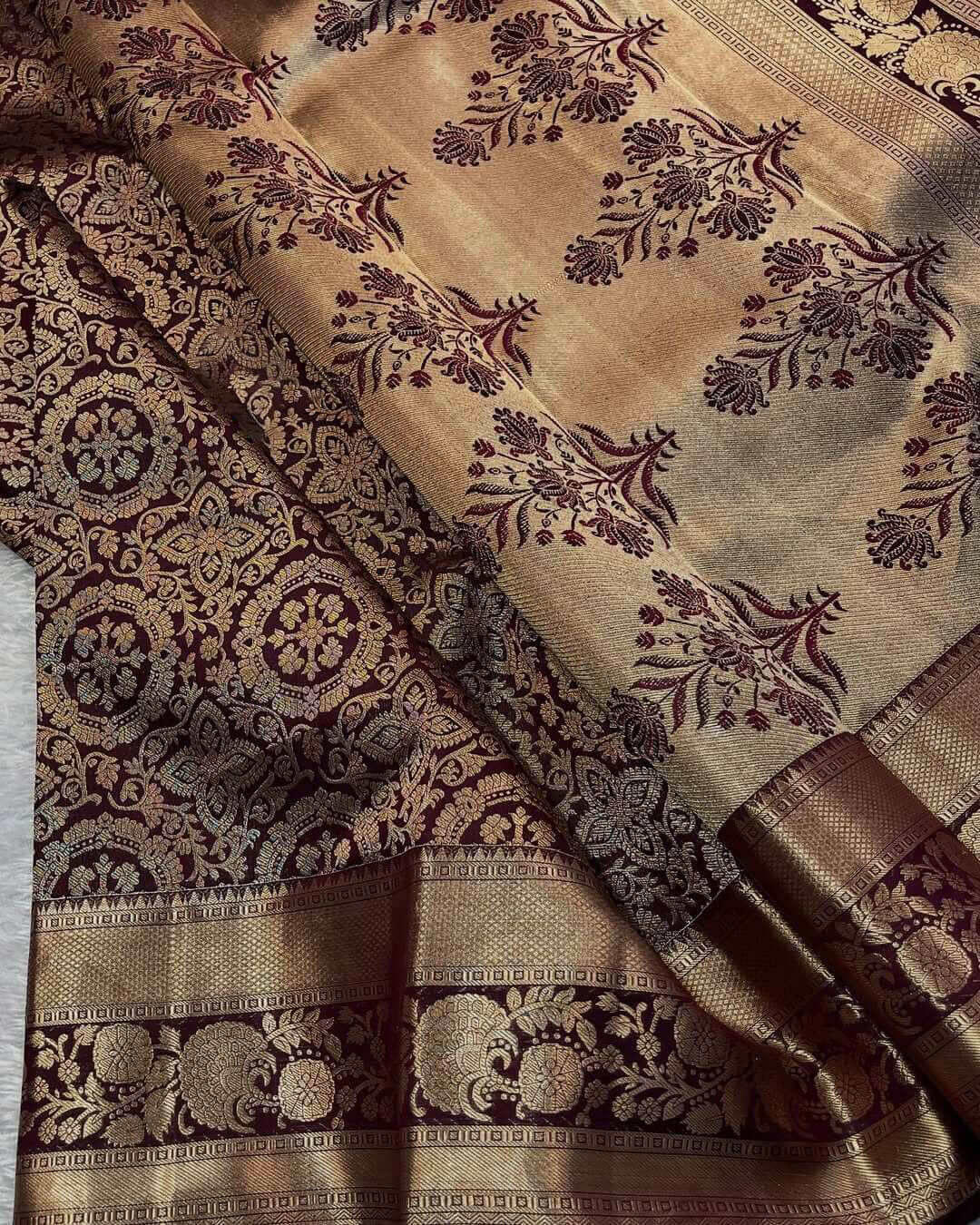 Blooming Wine Soft Banarasi Silk Saree With Blooming Blouse Piece