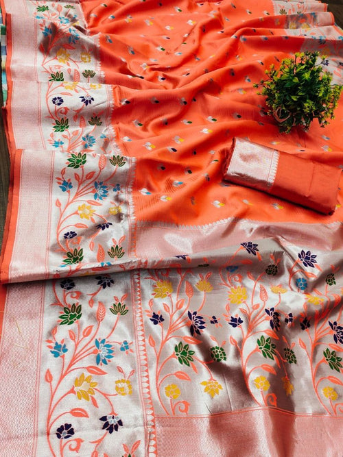 Beautiful Orange Paithani Silk Saree With Engrossing Blouse Piece