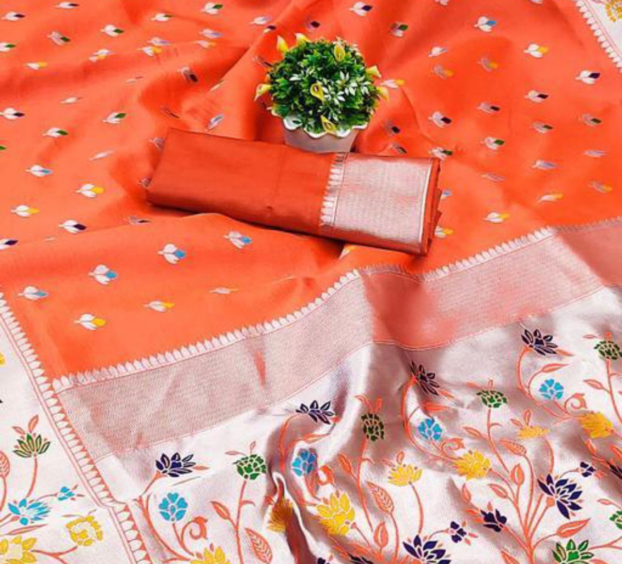 Beautiful Orange Paithani Silk Saree With Engrossing Blouse Piece