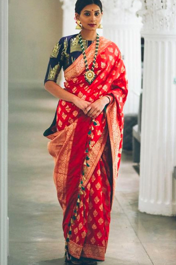 Red Faux Silk Traditional Wear Saree For Women With Blouse