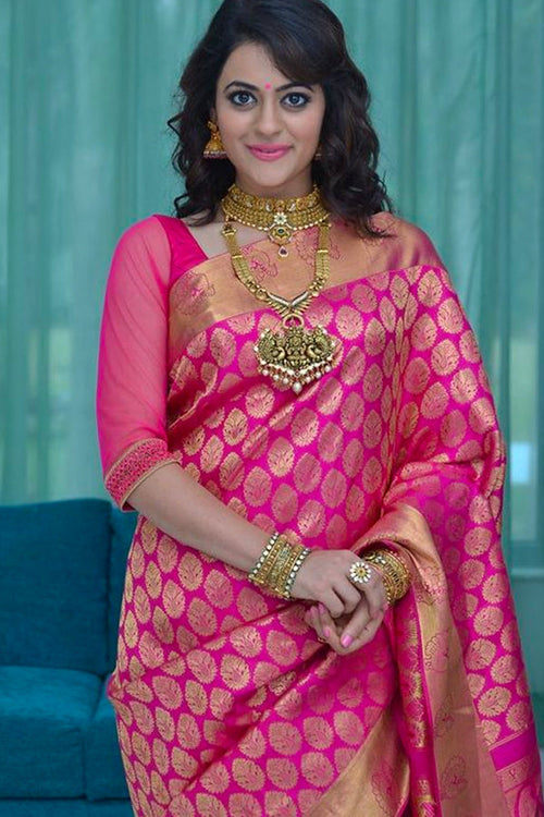 Pink Faux Silk Traditional Wear Saree For Women With Blouse