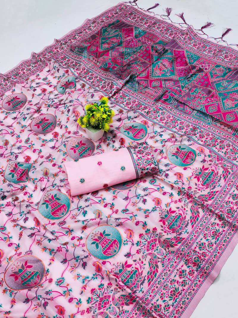 Ratatouille Pink Pashmina Saree With Tempting Blouse Piece