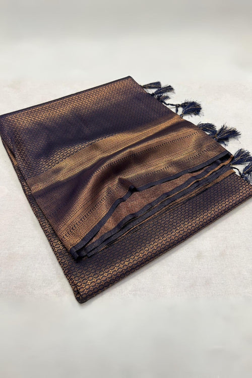 Denouement Navy Blue Kanjivaram Silk Saree With Confounding Blouse Piece