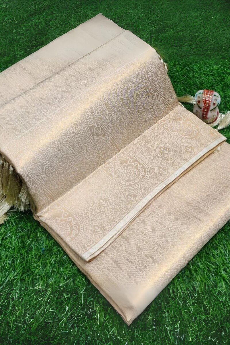 Stylish Beige Kanjivaram Silk Saree With Beautiful Blouse Piece