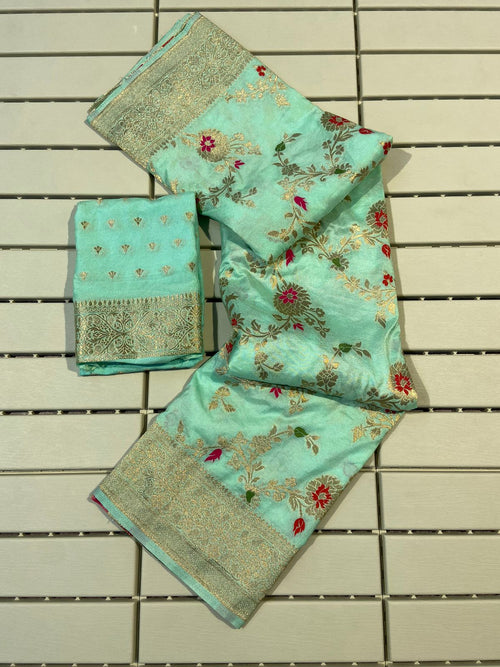 Serendipity Sea Green Soft Banarasi Silk Saree With Nemesis Blouse Piece
