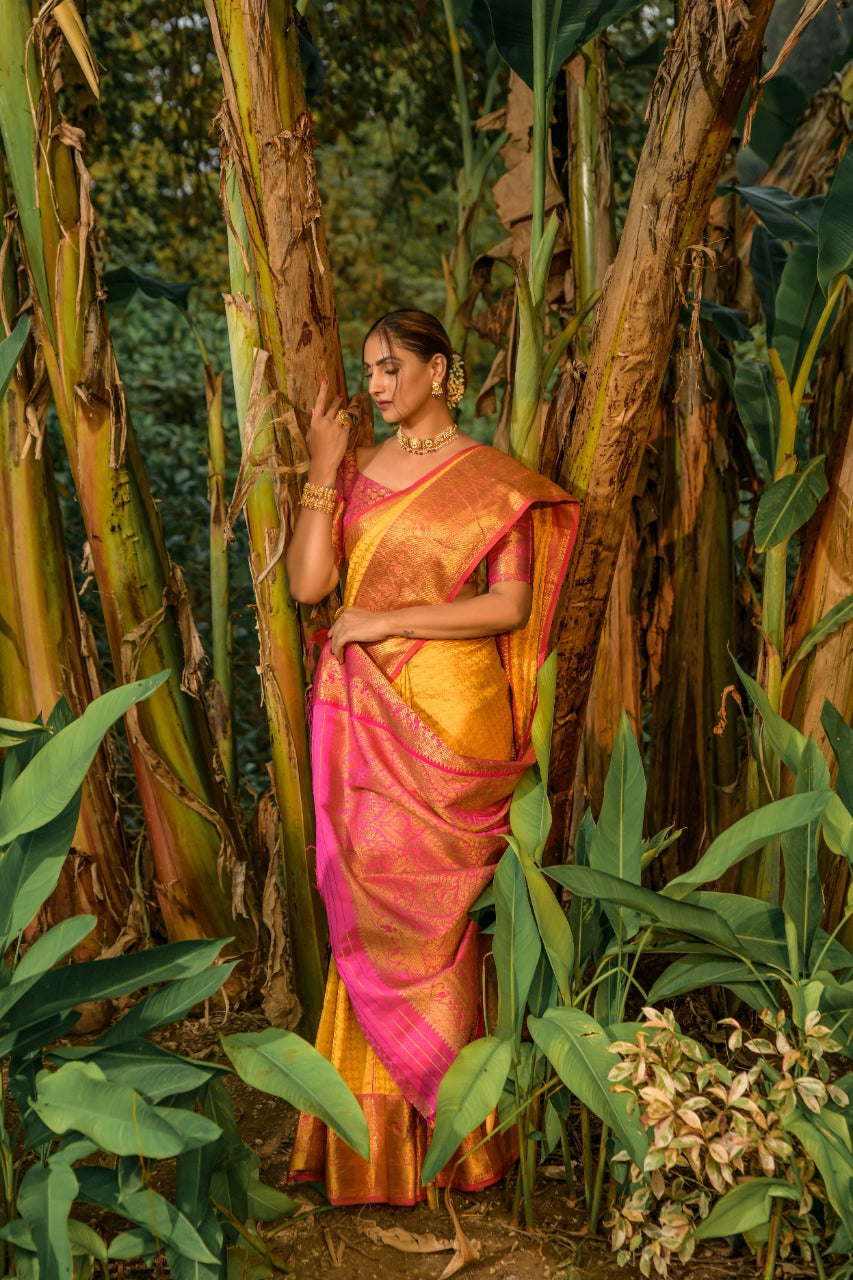 Sensational Yellow Soft Banarasi Silk Saree With Bewitching Blouse Piece