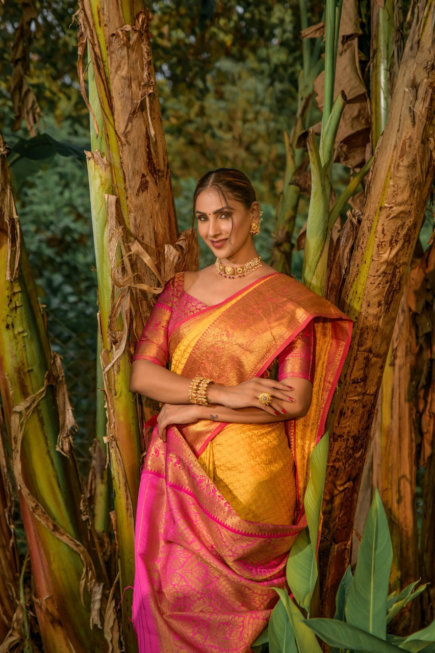 Sensational Yellow Soft Banarasi Silk Saree With Bewitching Blouse Piece