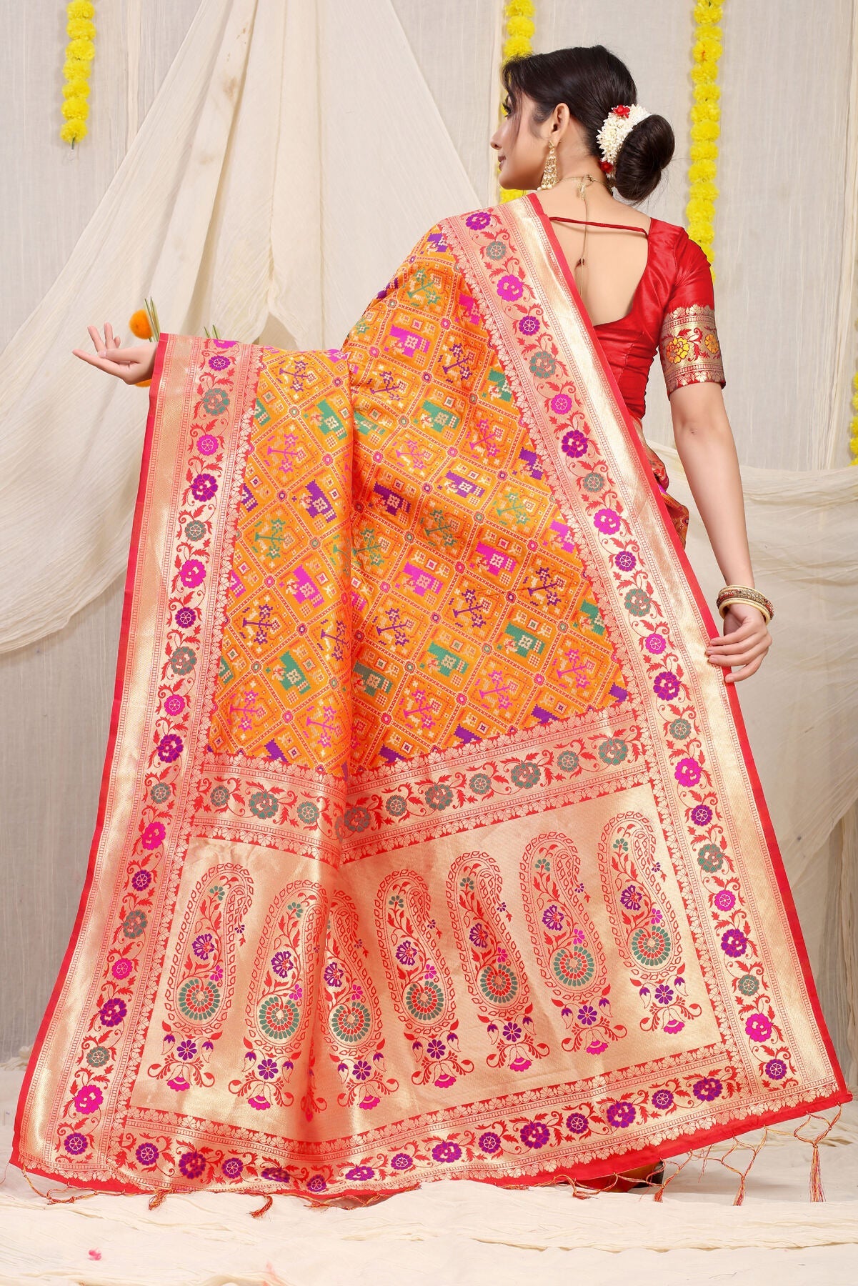 Devastating Orange Paithani Silk Saree With Pleasant Blouse Piece