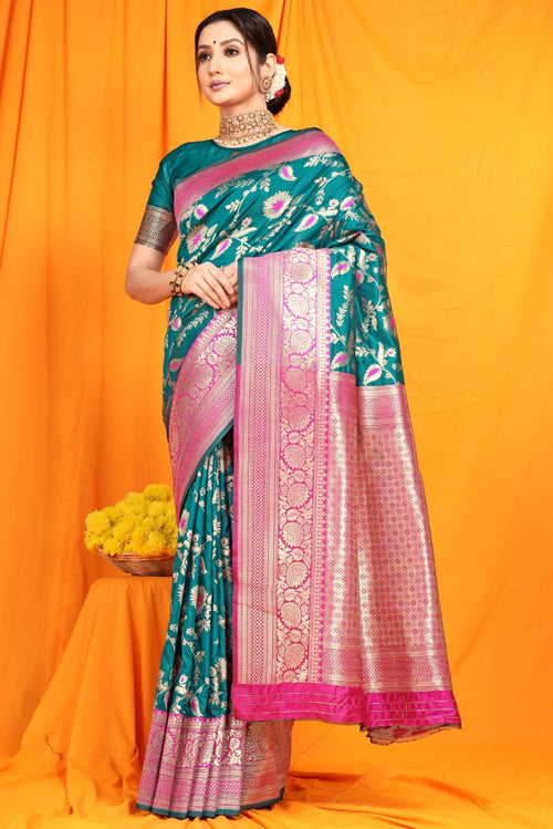 Alluring Rama Kanjivaram Silk With Tremendous Blouse Piece