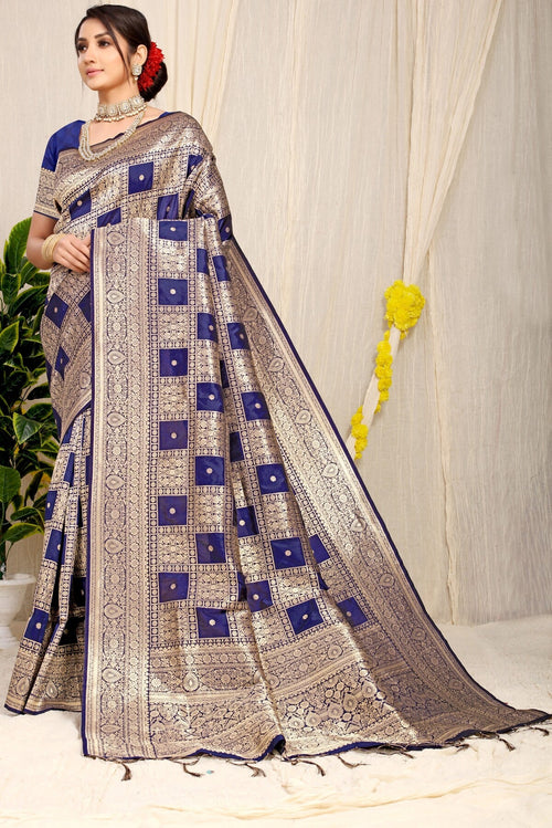 Designer Navy Blue Kanjivaram Silk Saree With Glittering Blouse Piece