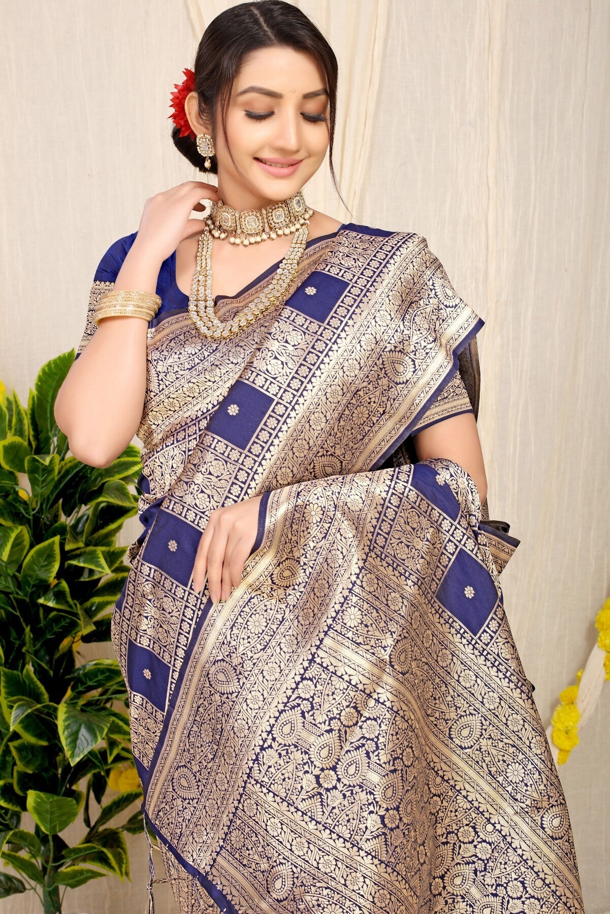 Designer Navy Blue Kanjivaram Silk Saree With Glittering Blouse Piece
