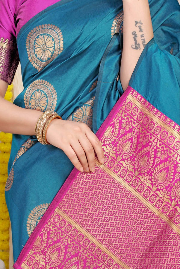 Elegant Firozi Kanjivaram Silk Saree and Angelic Blouse Piece