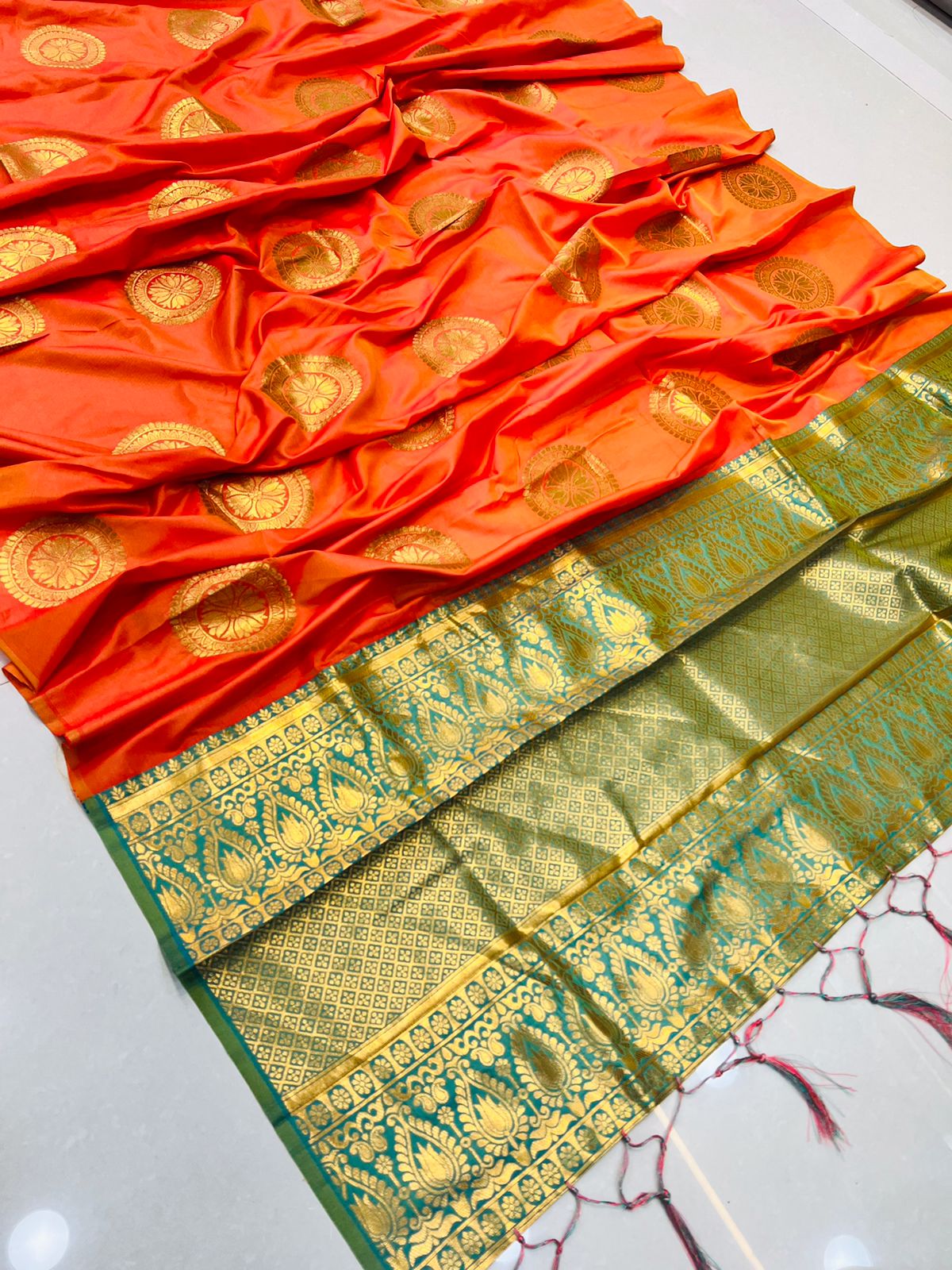 Mesmerising Orange Kanjivaram Silk Saree and Angelic Blouse Piece