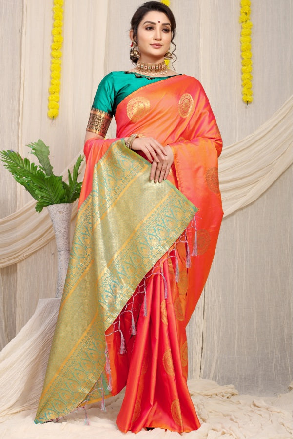 Mesmerising Orange Kanjivaram Silk Saree and Angelic Blouse Piece