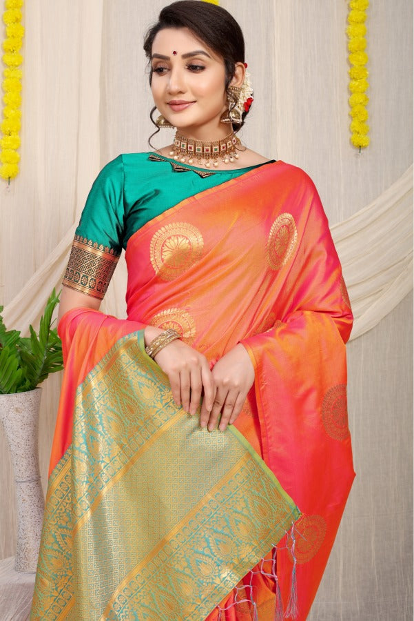 Mesmerising Orange Kanjivaram Silk Saree and Angelic Blouse Piece