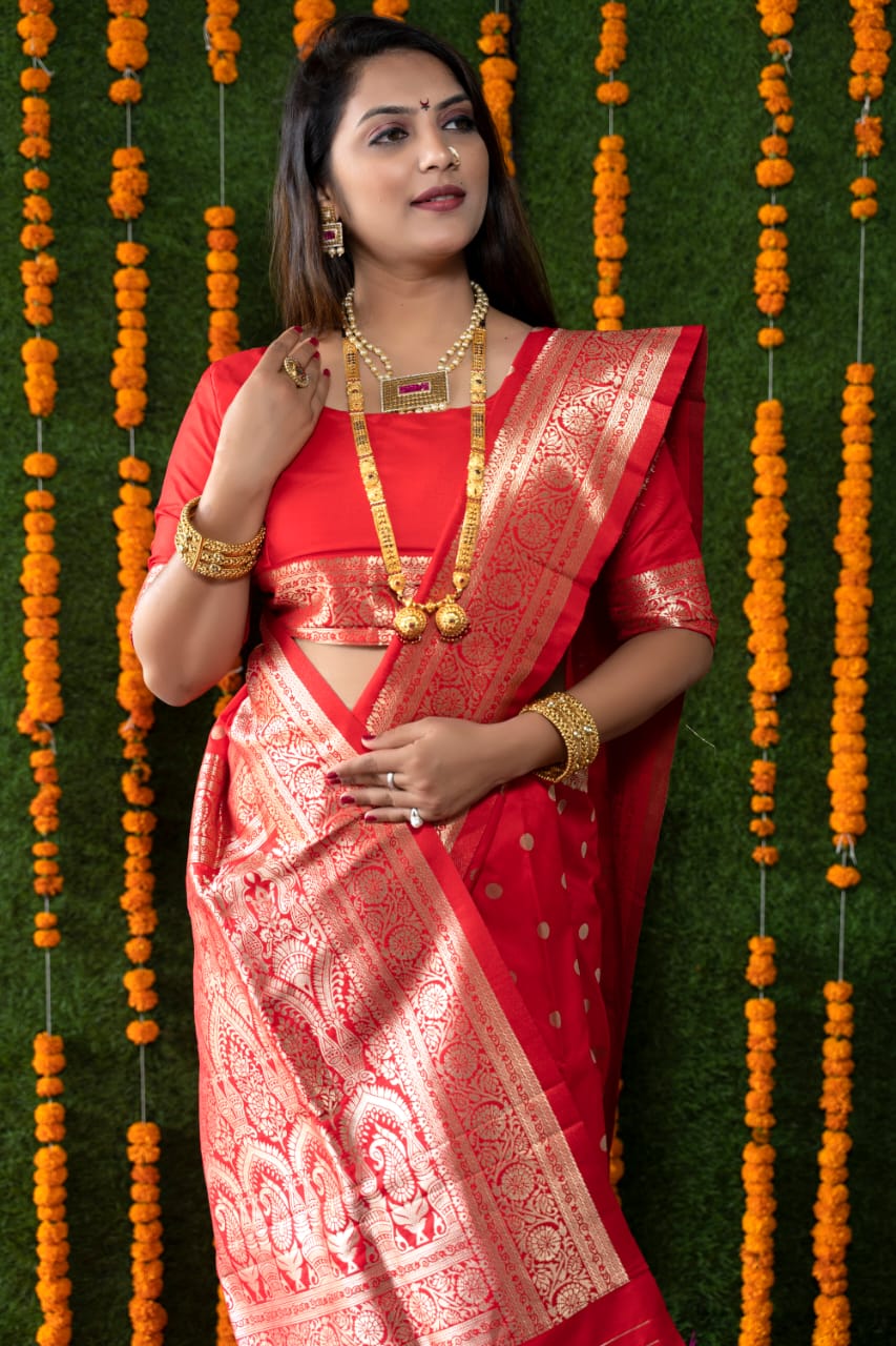 Stunning Red Banarasi Silk Saree With Most Traditional Blouse Piece