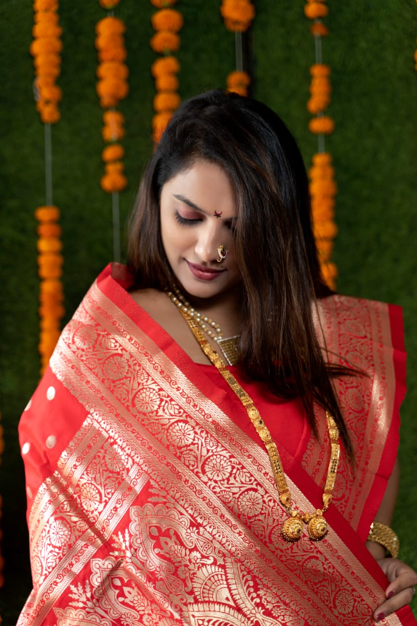 Stunning Red Banarasi Silk Saree With Most Traditional Blouse Piece