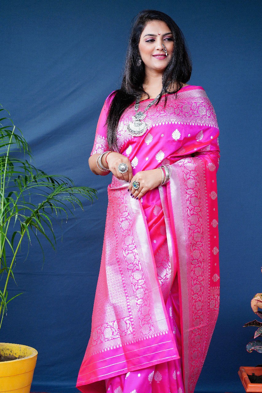 Supernal Pink Banarasi Silk Saree With Symmetrical Blouse Piece