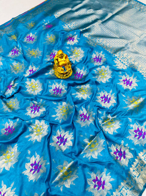 Staring Firozi Banarasi Silk Saree With Staring Blouse Piece