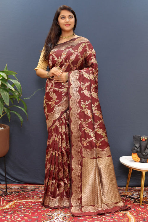 Twirling Maroon Soft Banarasi Silk Saree With Exceptional Blouse Piece