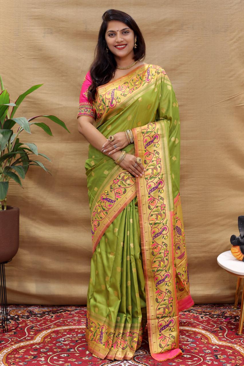 Outstanding Green Paithani Silk Saree With Appealing Blouse Piece