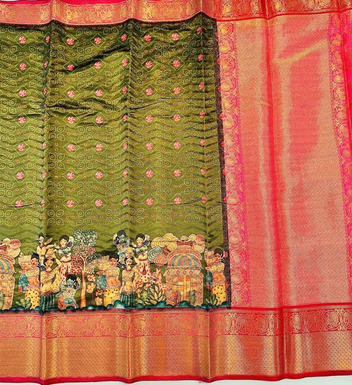 Mesmeric Mehndi Kalamkari Printed Saree With Surpassing Blouse Piece
