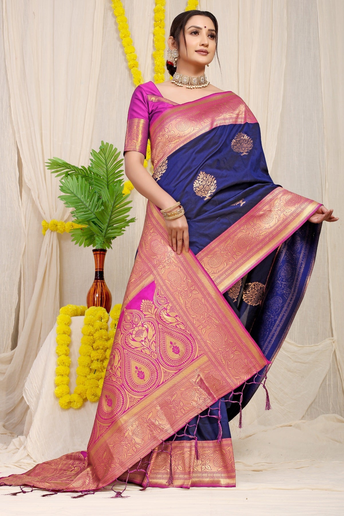 Opulent Navy Blue Banarasi Silk Saree With Forbearance Blouse Piece