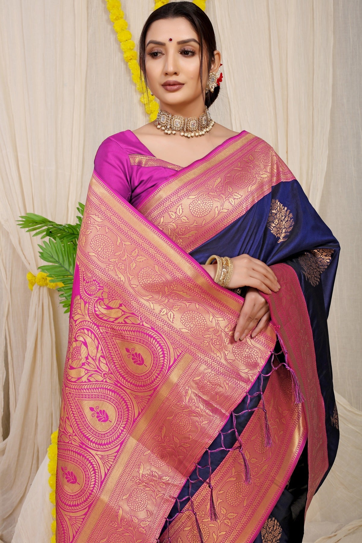 Opulent Navy Blue Banarasi Silk Saree With Forbearance Blouse Piece