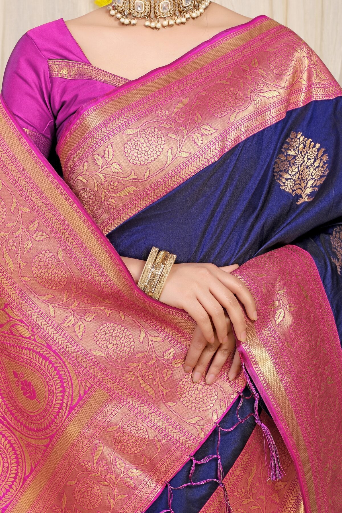 Opulent Navy Blue Banarasi Silk Saree With Forbearance Blouse Piece