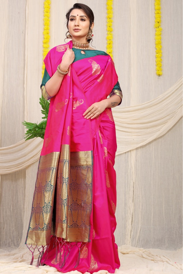Elegant Dark Pink Banarasi Silk With Pretty Blouse Piece