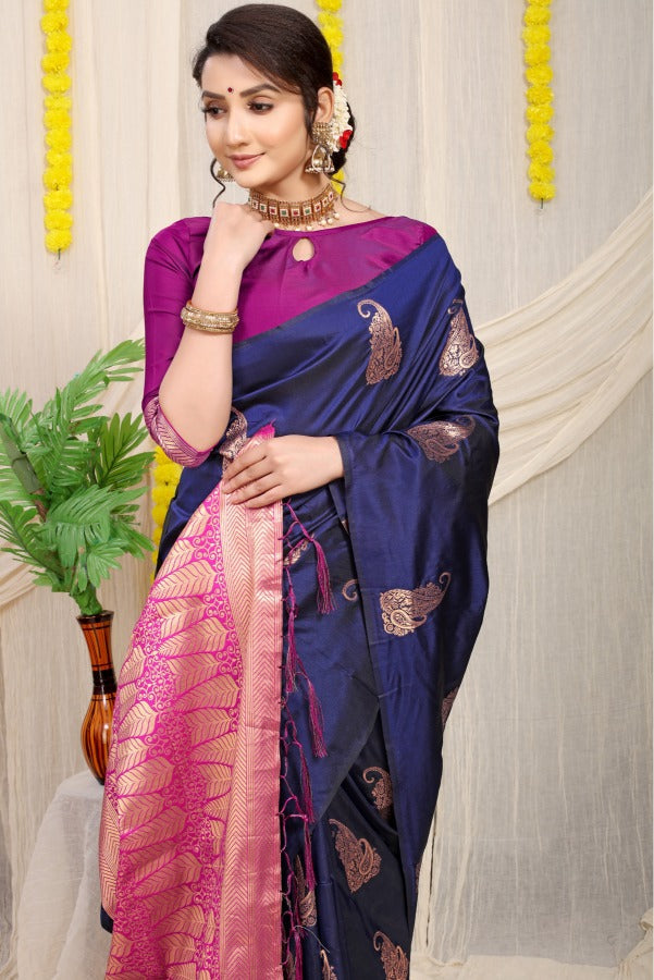 Sensational Navy Blue Banarasi Silk With Sizzling Blouse Piece
