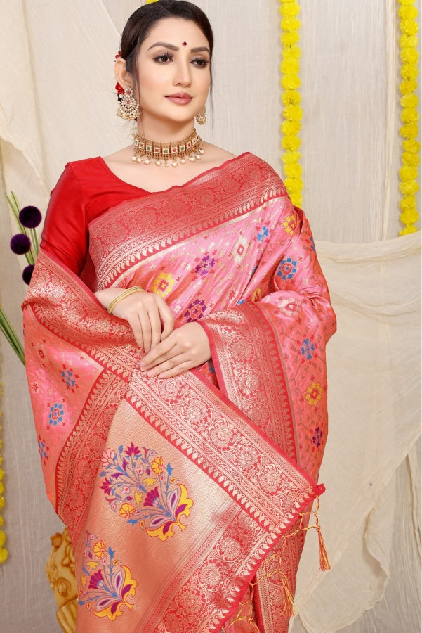 Staring Pink Soft Patola Silk Saree with Demanding Blouse Piece