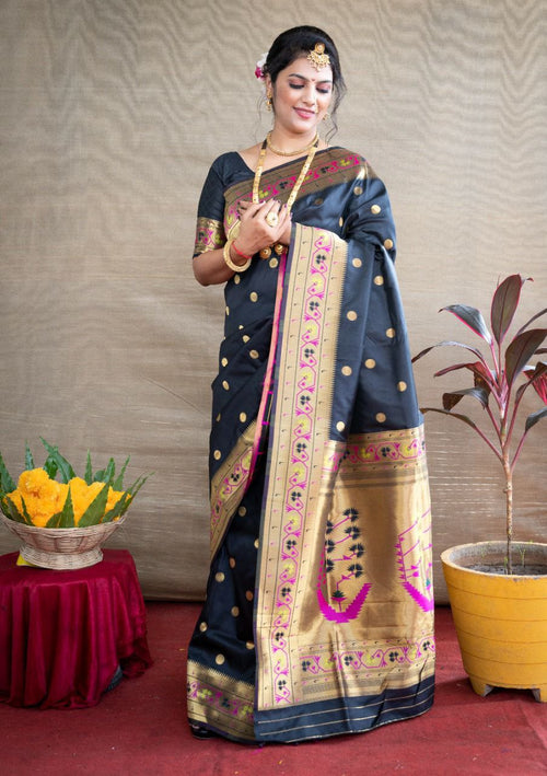 Unique Black Paithani Silk Saree With Ethnic Blouse Piece