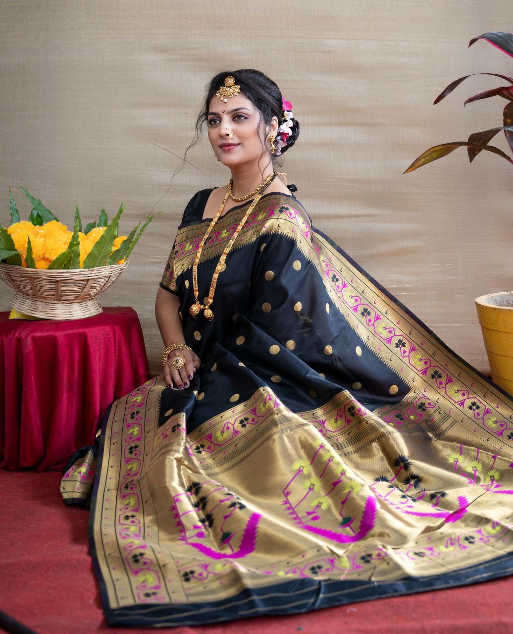 Unique Black Paithani Silk Saree With Ethnic Blouse Piece
