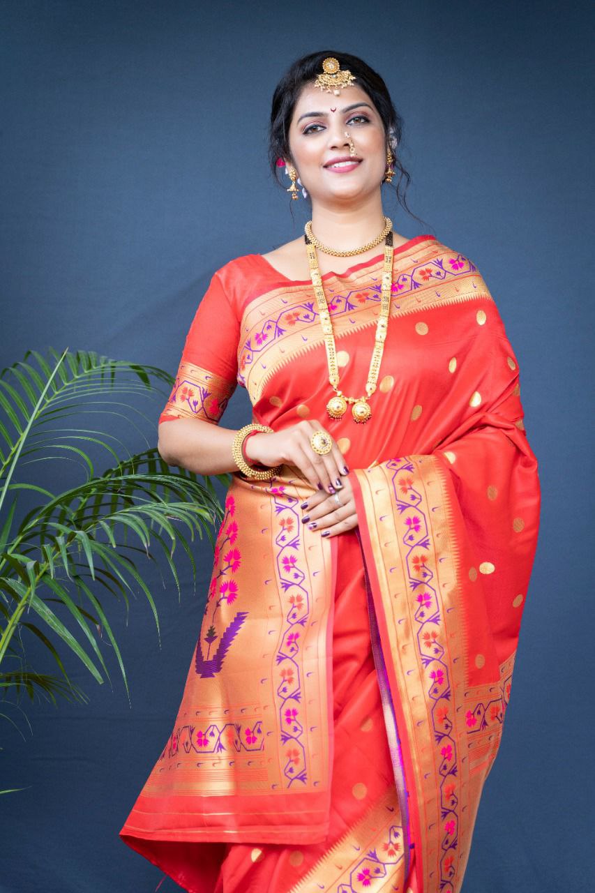 Stylish Red Paithani Silk Saree With Ethnic Blouse Piece
