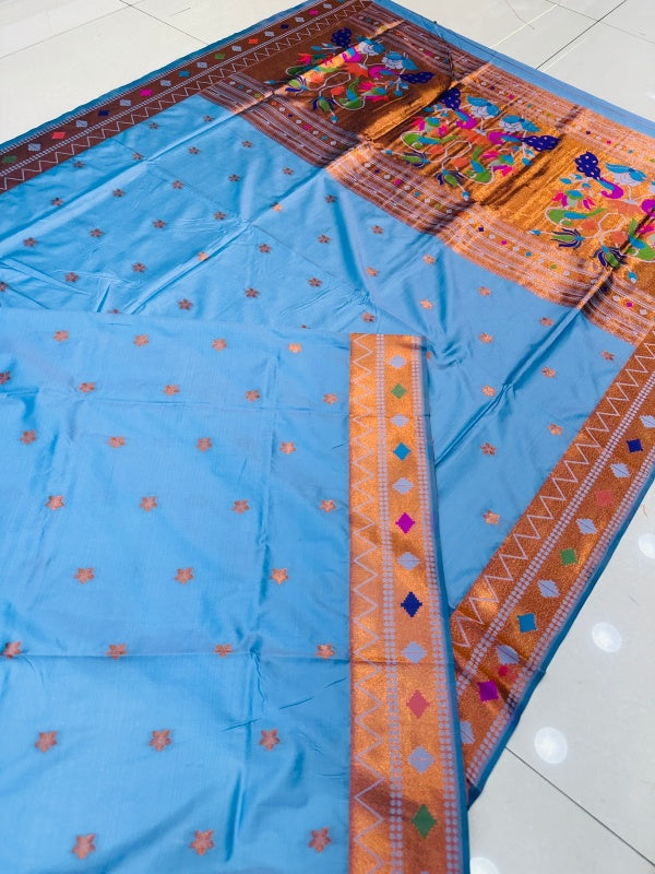 Prominent Firozi Paithani Silk Saree With Ethnic Blouse Piece