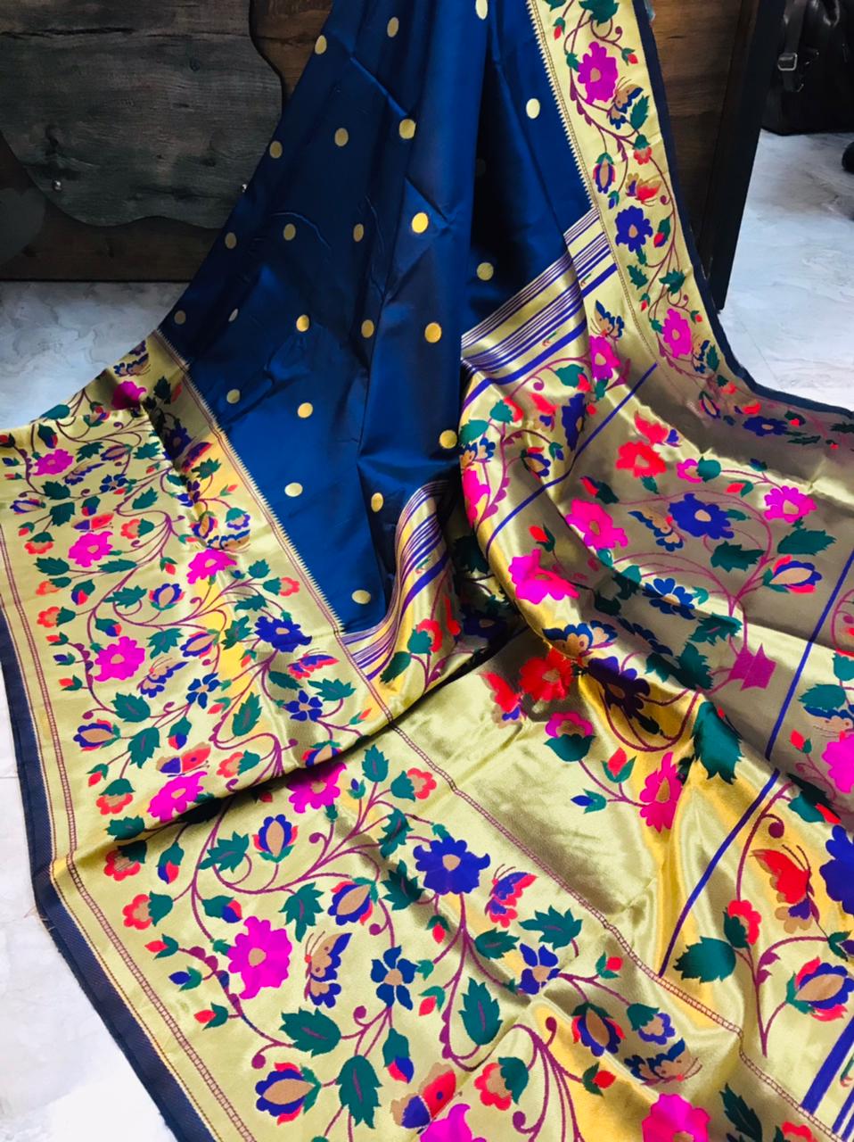 Most Flattering Navy Blue Paithani Silk Saree With Sizzling Blouse Piece