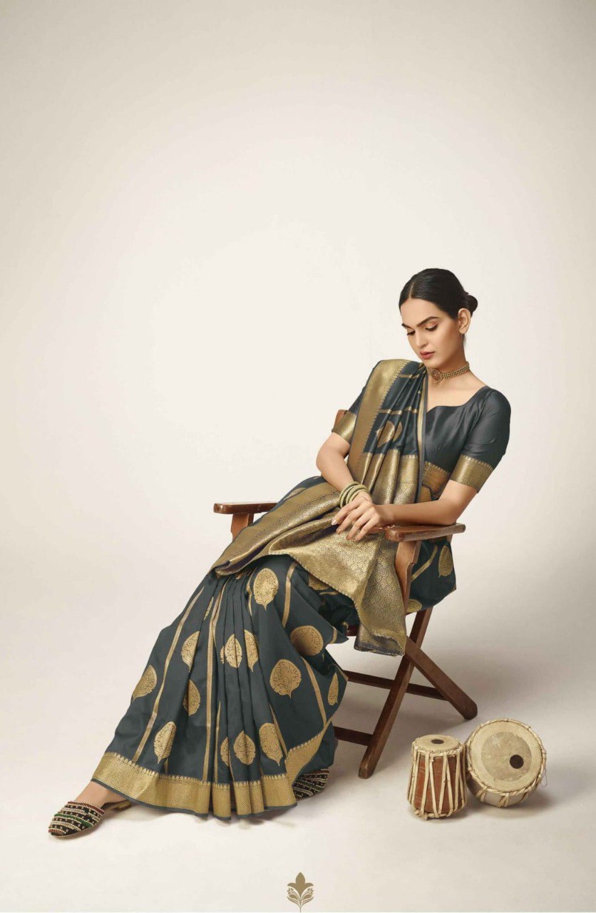Brood Grey Kanjivaram Silk With A glam Blouse Piece