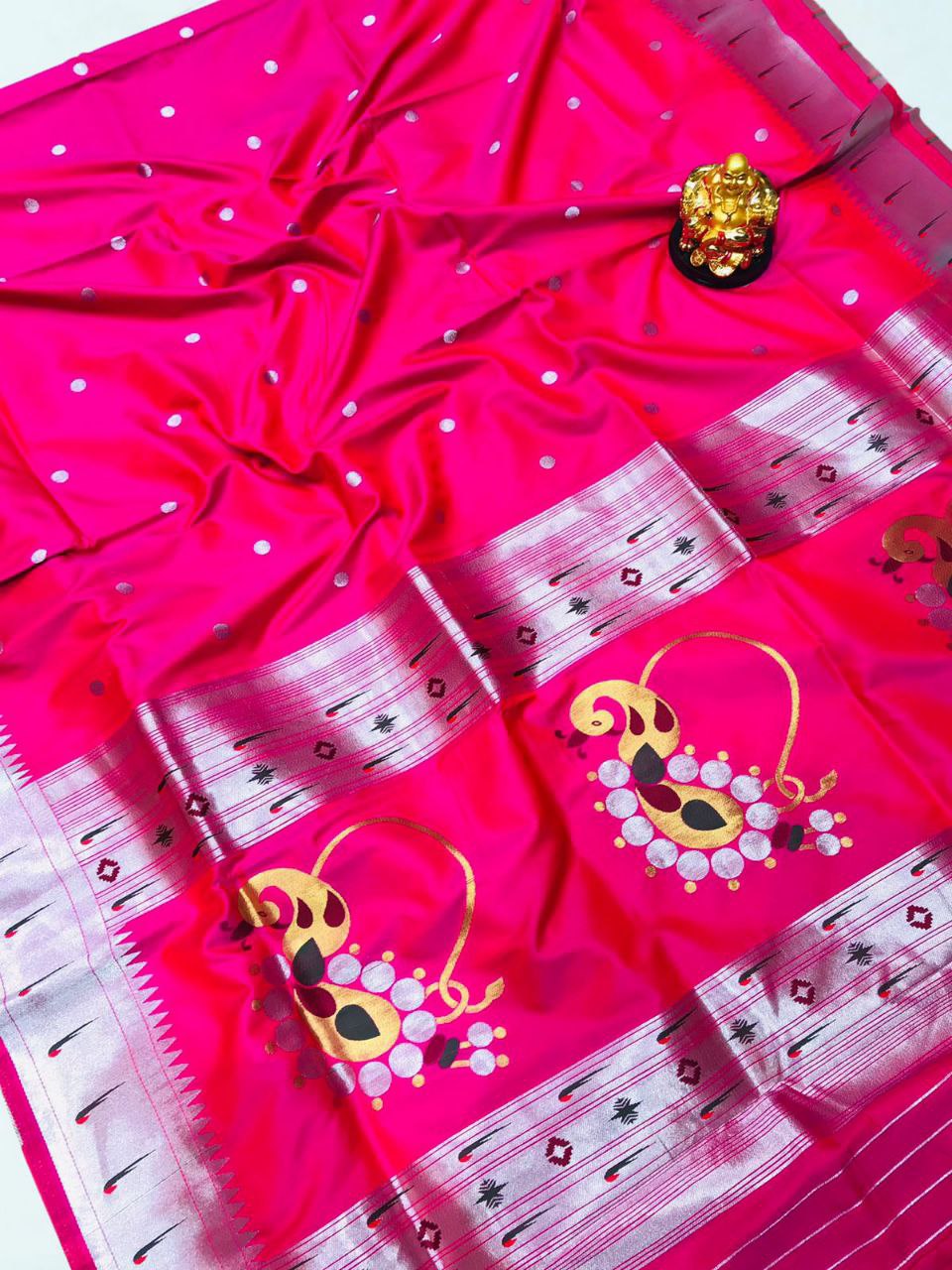 Comely Dark Pink Paithani Silk Saree With Angelic Blouse Piece