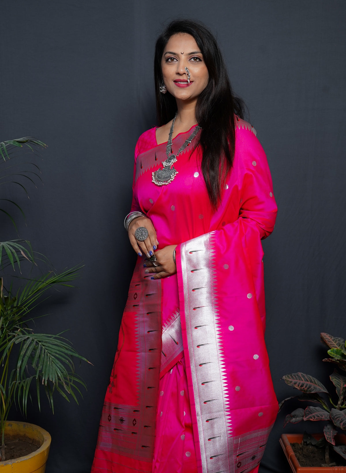 Comely Dark Pink Paithani Silk Saree With Angelic Blouse Piece