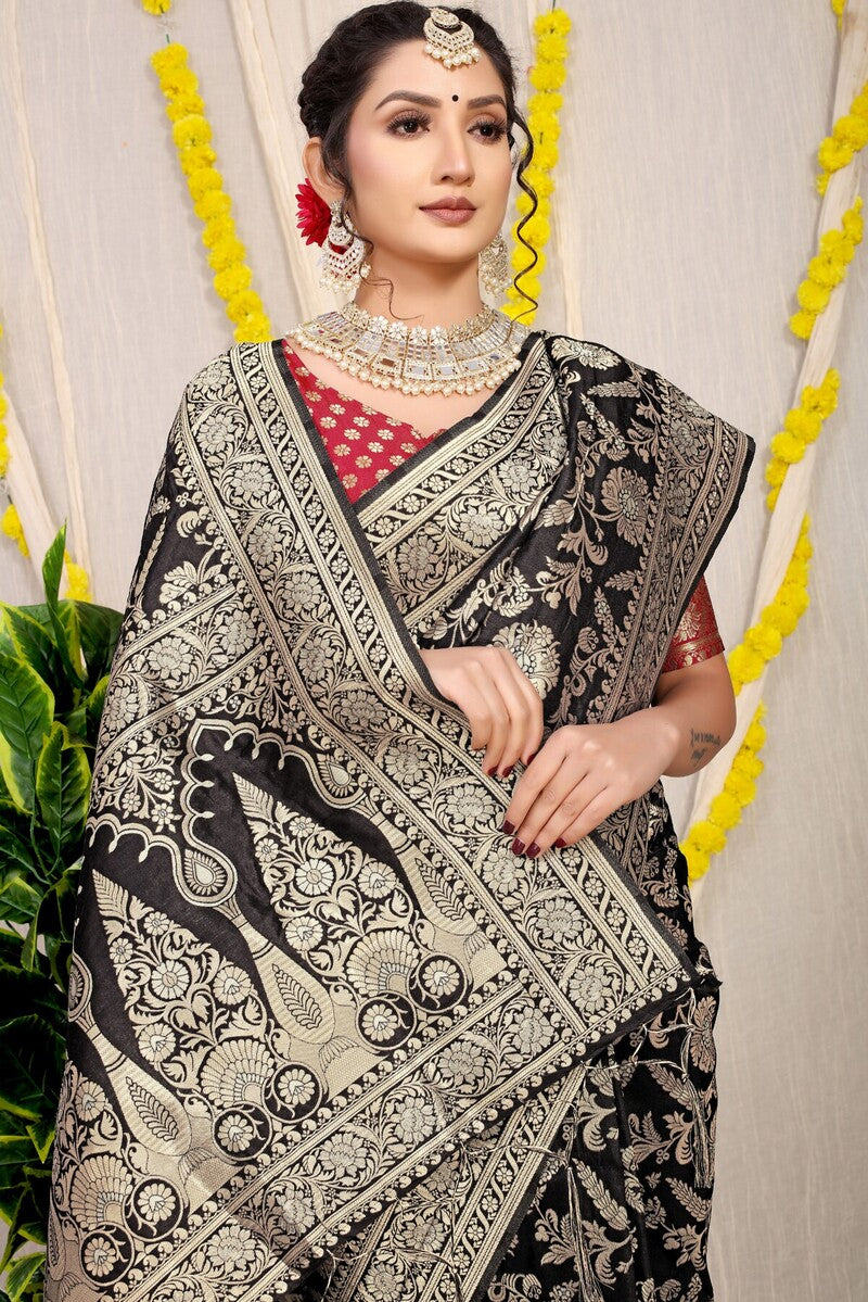 Mesmerising Black Soft Banarasi Silk Saree With Nemesis Blouse Piece