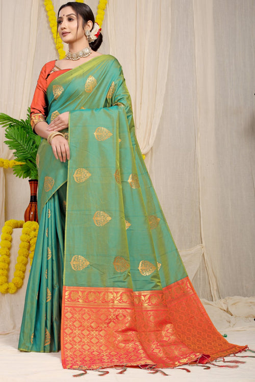 Adorable Green Banarasi Silk Saree With Captivating Blouse Piece