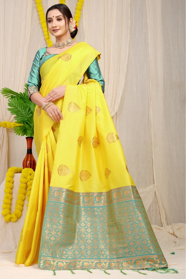 Ravishing Lemon Banarasi Silk Saree With Opulent Blouse Piece