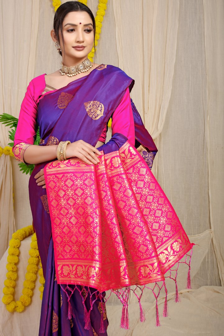 Stunner Purple Banarasi Silk Saree With Fairytale Blouse Piece