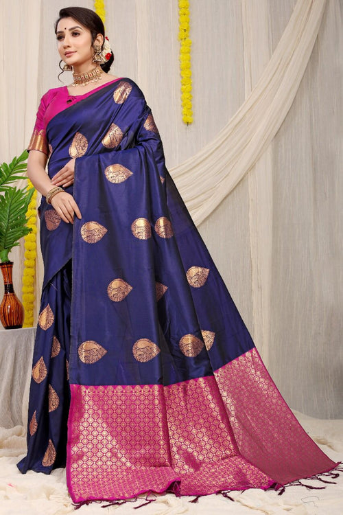 Sizzling Navy Blue Banarasi Silk Saree With Adorable Blouse Piece