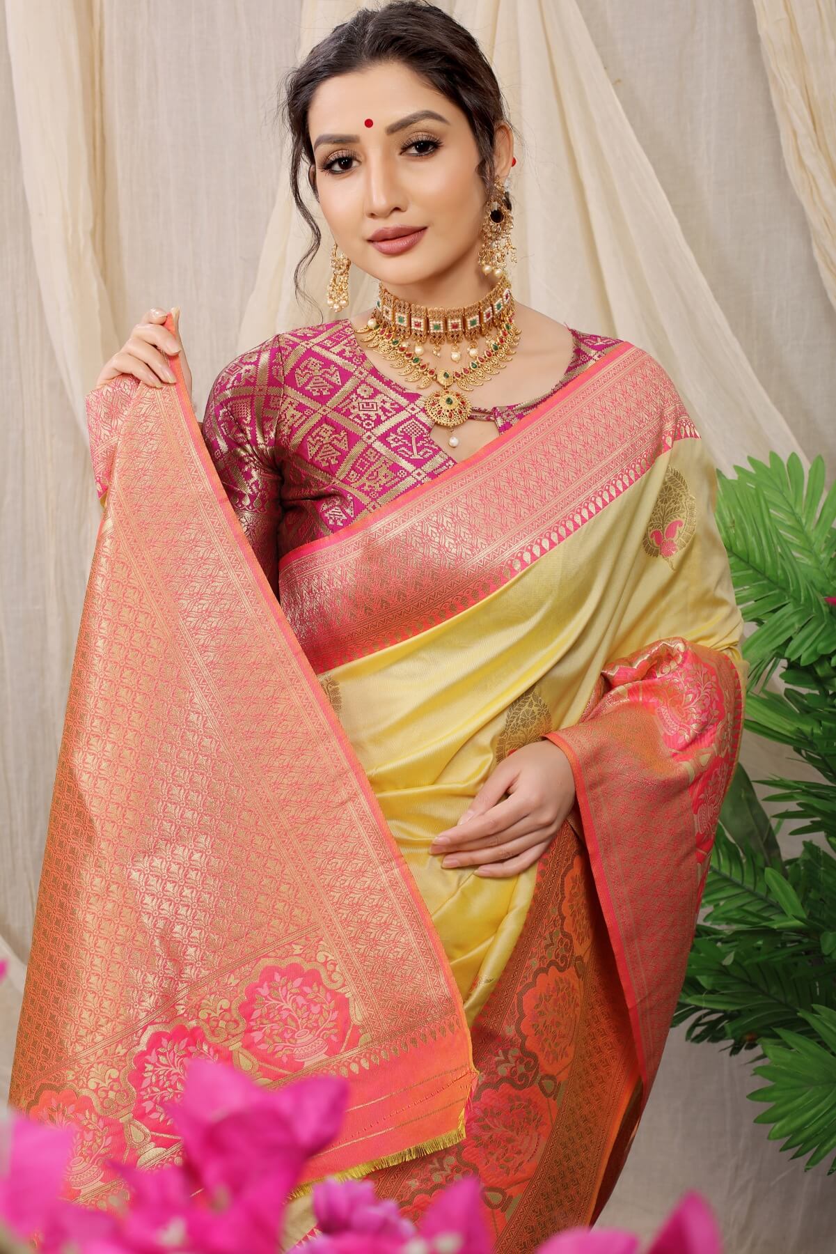 Palimpsest Yellow Kanjivaram Silk With Sizzling Blouse Piece