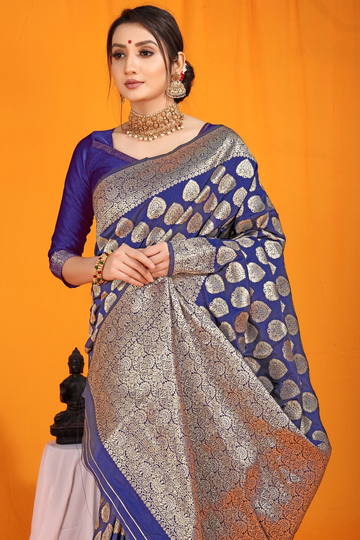 Deserving Navy Blue Banarasi Silk Saree With Divine Blouse Piece