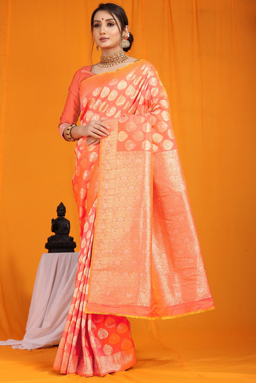 Eye-catching Peach Banarasi Silk Saree With Divine Blouse Piece